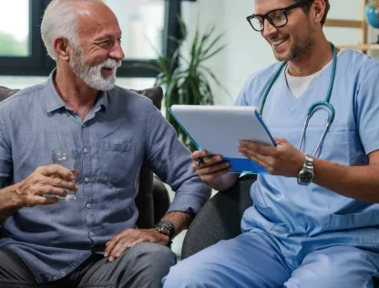 A doctor and his patient are actively discussing and smiling while the doctor looks at his clipboard.